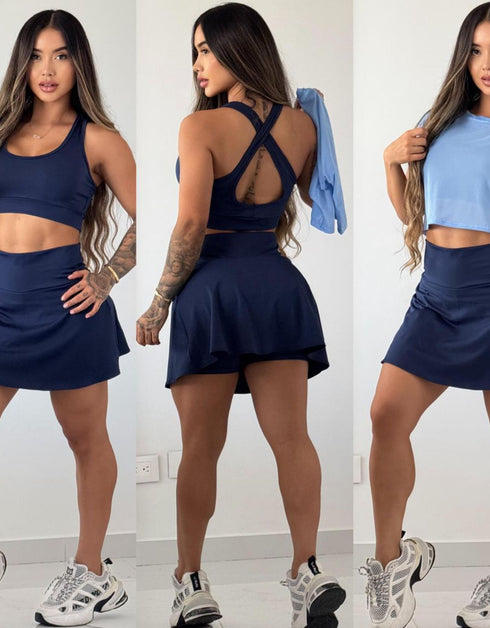 CONJUNTO IBIZA- FALDA SHORT +TOP+ BLUSA EN MALLA