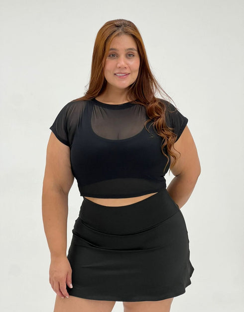 CONJUNTO IBIZA- FALDA SHORT +TOP+ BLUSA EN MALLA