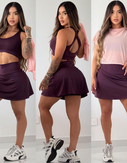 CONJUNTO IBIZA- FALDA SHORT +TOP+ BLUSA EN MALLA